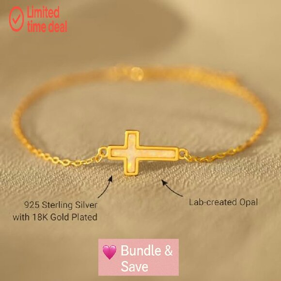 18K Gold Plated Cross Bracelet, 6" Length, Sterling Silver, Dainty Charm - Picture 5 of 7